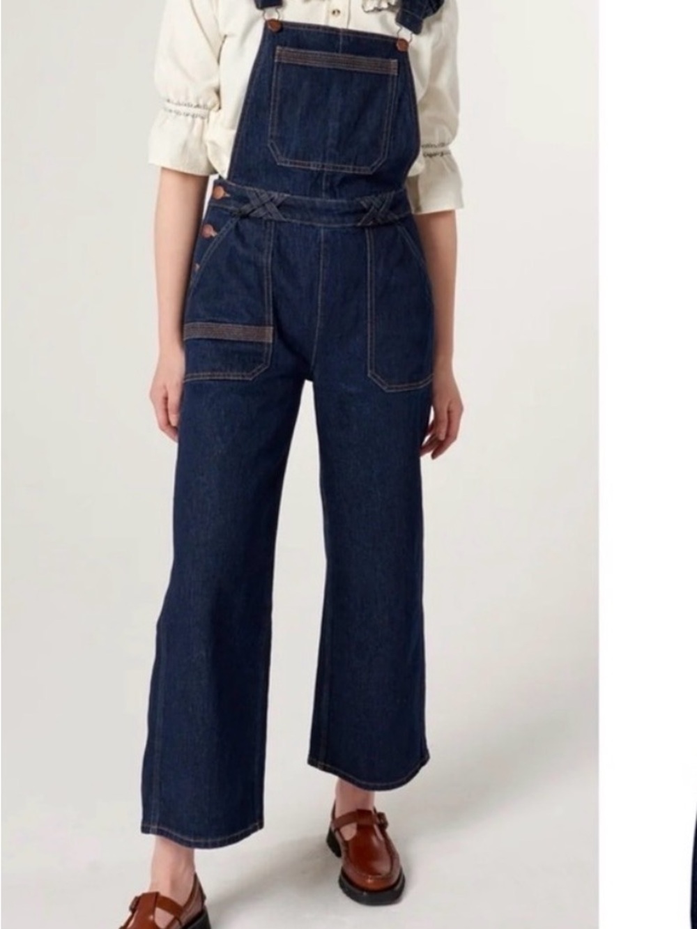 Women's Dark Blue Denim Ruffle-Strap Overalls Jumpsuit
